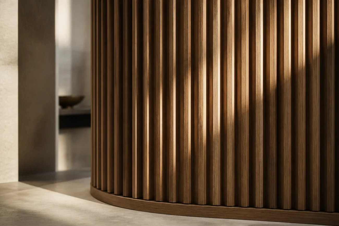 Curved fluted timber feature wall